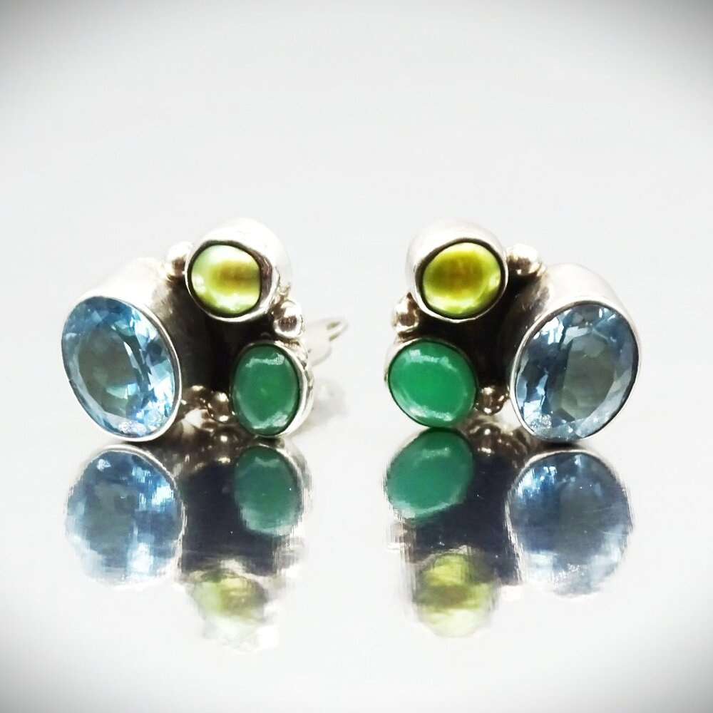 AMY KAHN RUSSEL Sterling Silver FW Pearl Green Onyx Blue Quartz Clip Earrings